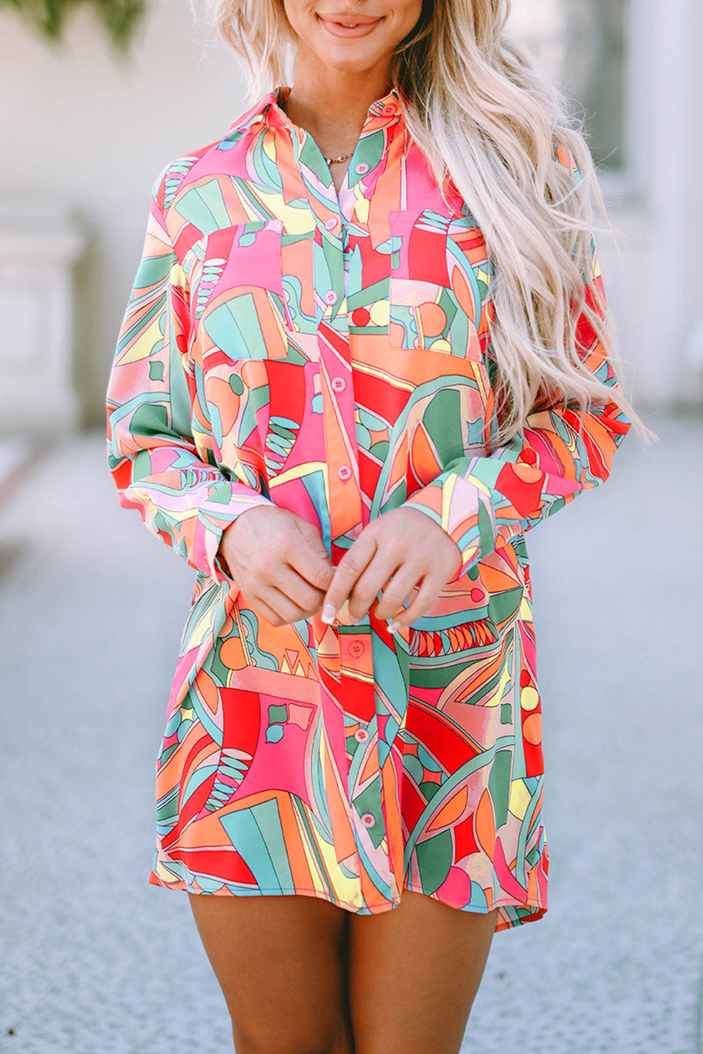 Multicolor Abstract Print Long Sleeve Shirt Dress