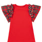 Racing Red Pearl Plaid Ruffle Sleeve Loose T Shirt