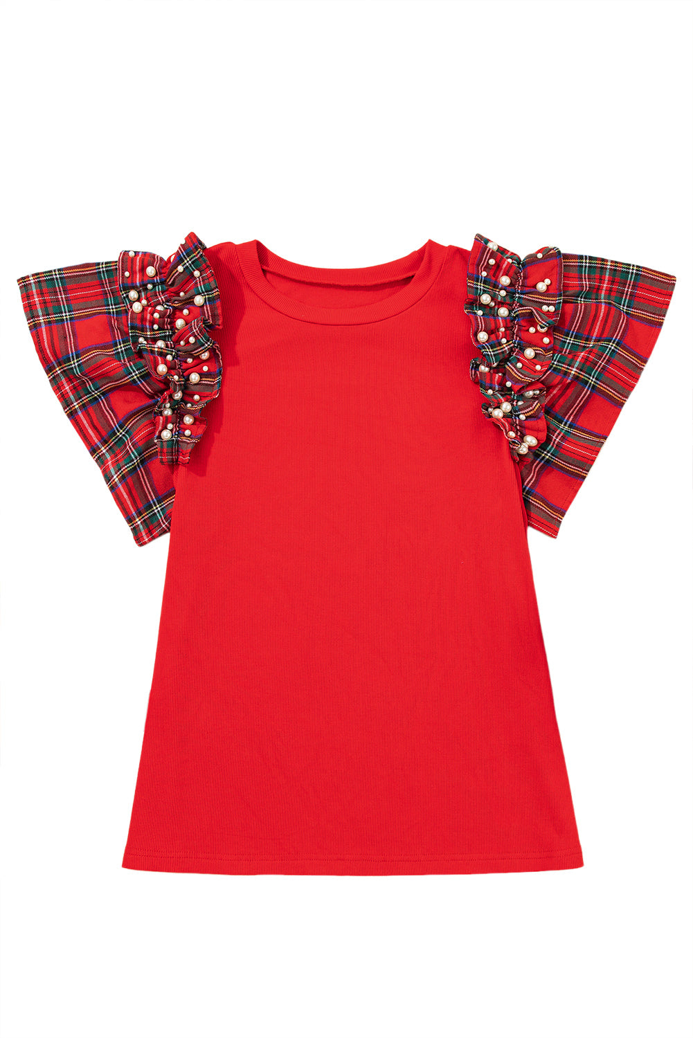 Racing Red Pearl Plaid Ruffle Sleeve Loose T Shirt