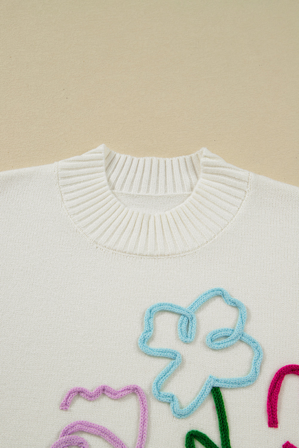 White Floral Embroidered Drop Sleeve Knit Sweater