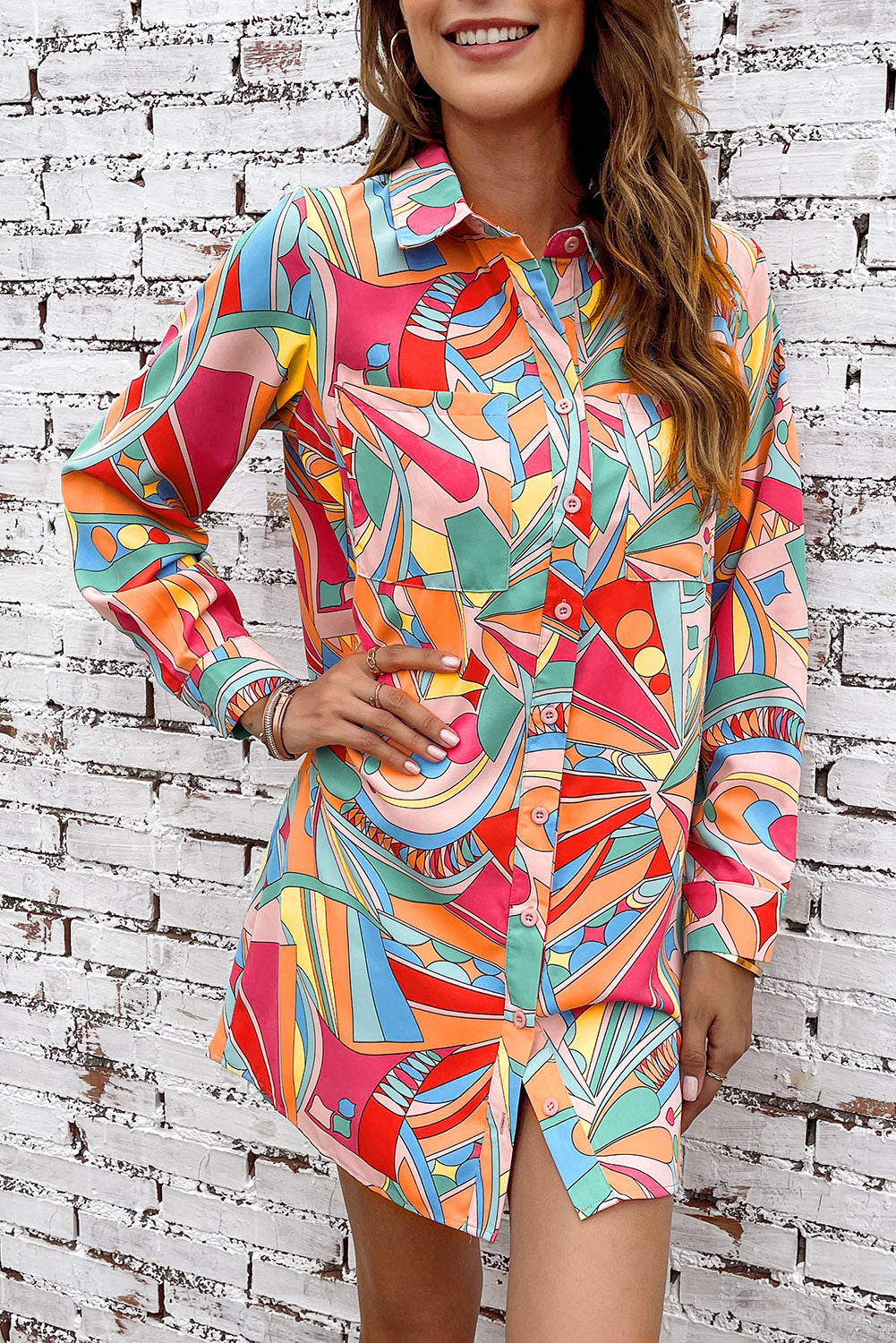 Multicolor Abstract Print Long Sleeve Shirt Dress