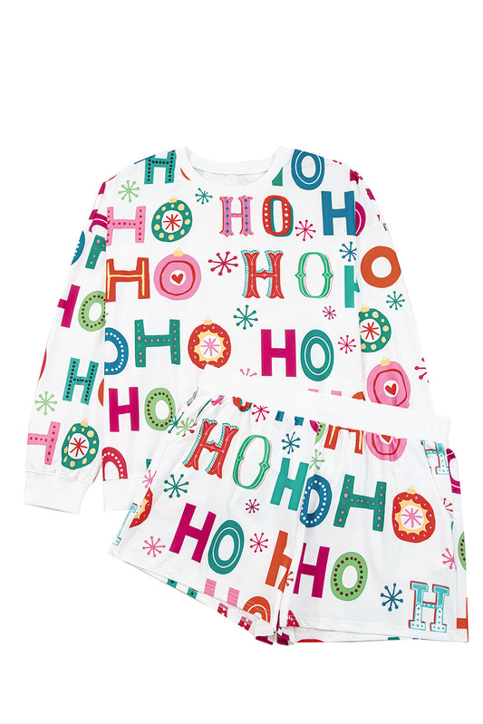 White Plus Size Christmas Ho Ho Ho Print Long Sleeve Top and Shorts Pajama Set