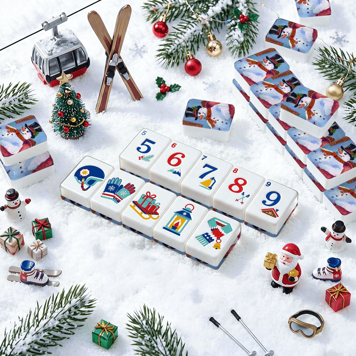 Alpine Slopes Christmas Mahjong Tiles Snowman Portrait