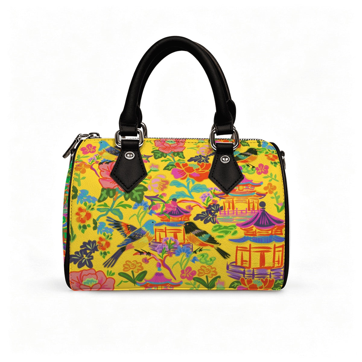 Vegan Leather Barrel Bag Waterproof Crossbody Handbag Bold birds