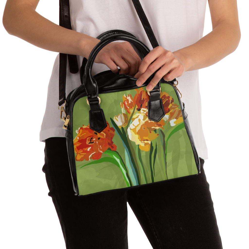 Shoulder Handbag- tulips on green