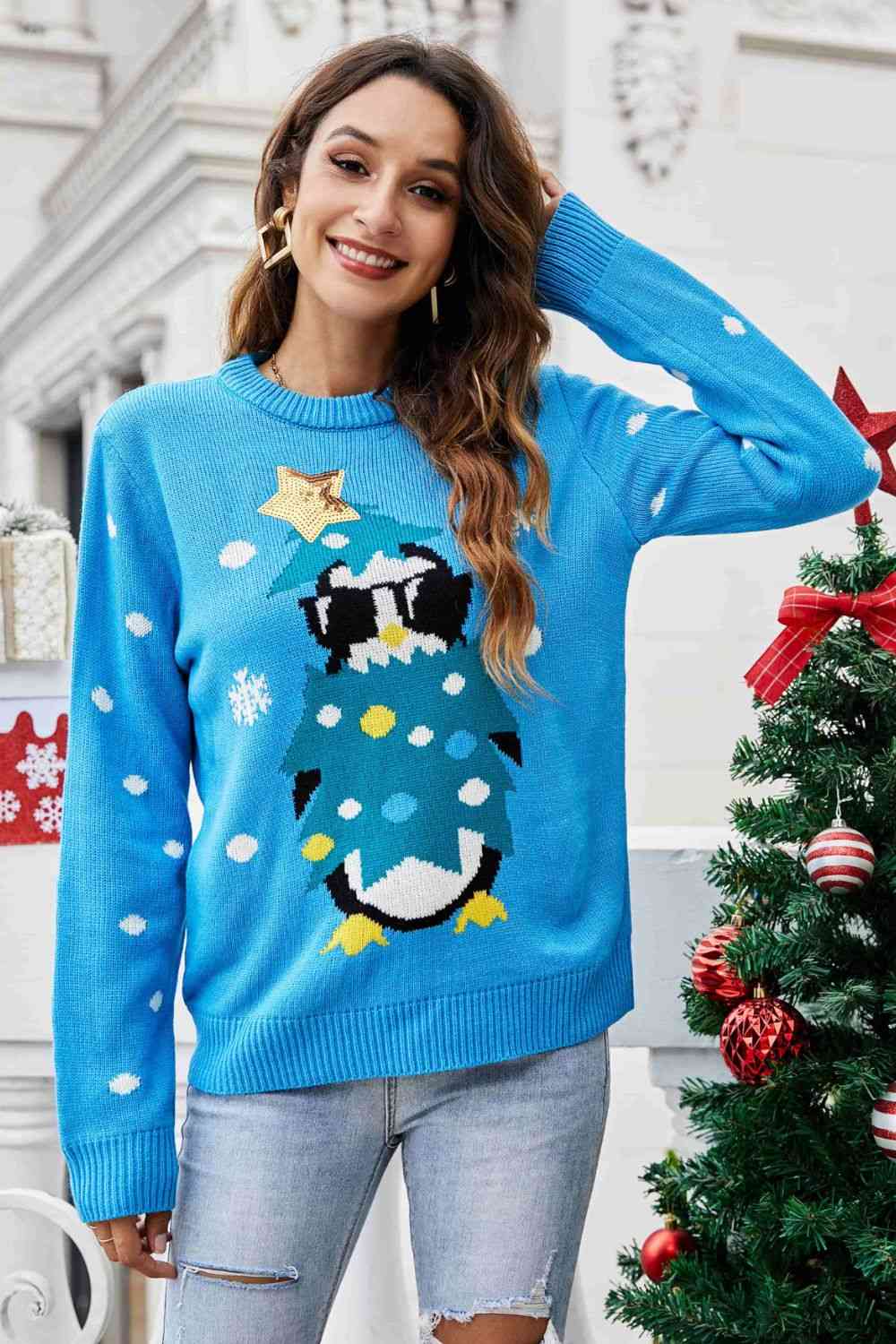 Christmas Penguin Graphic Sequin Sweater