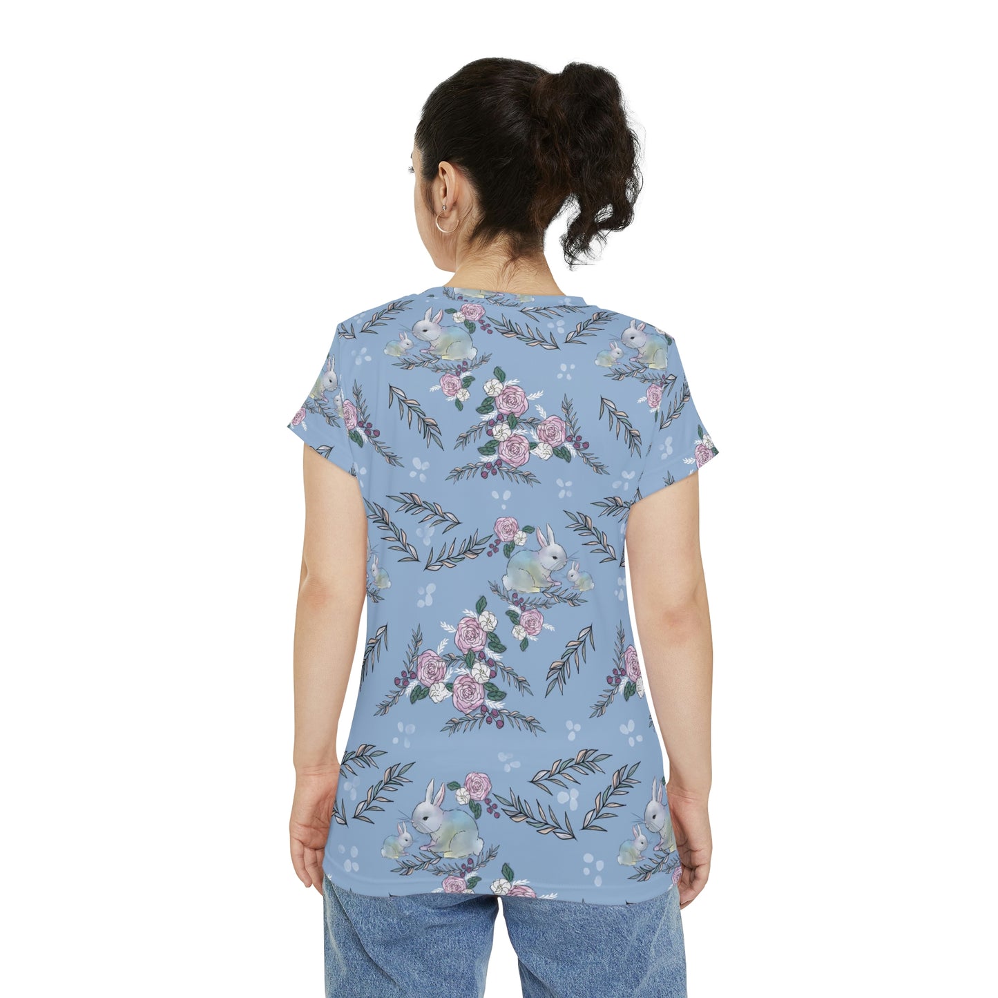 Women's Short Sleeve Shirt - bunnies on blue