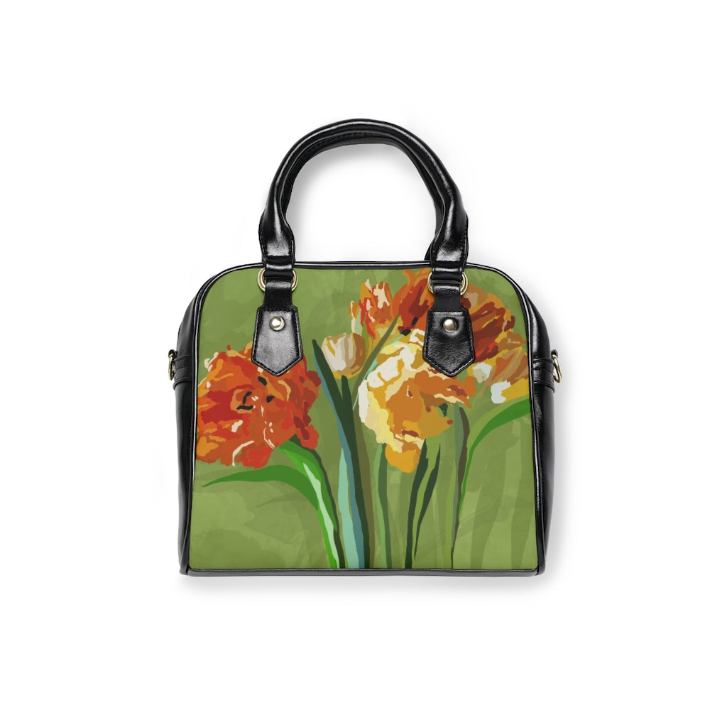 Shoulder Handbag- tulips on green