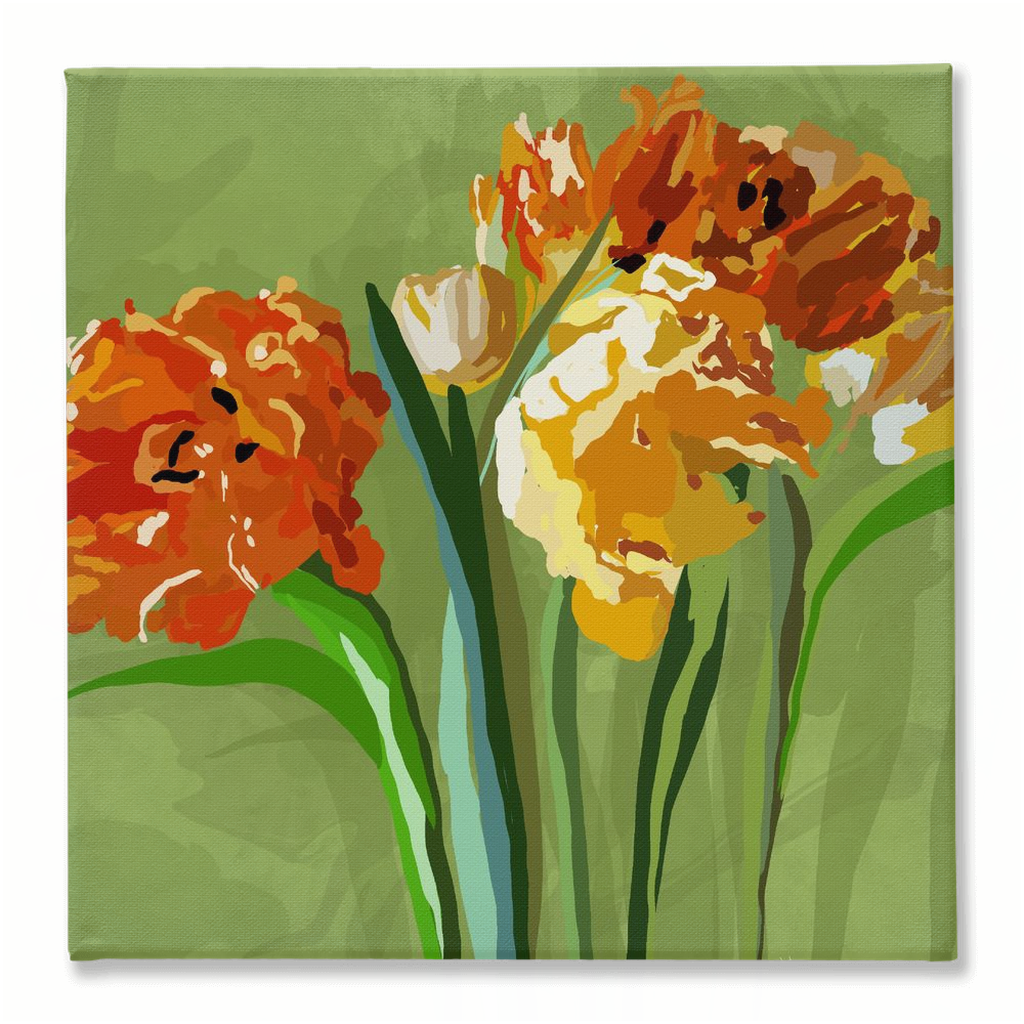 Traditional Stretched Square Canvas- Tulips on green