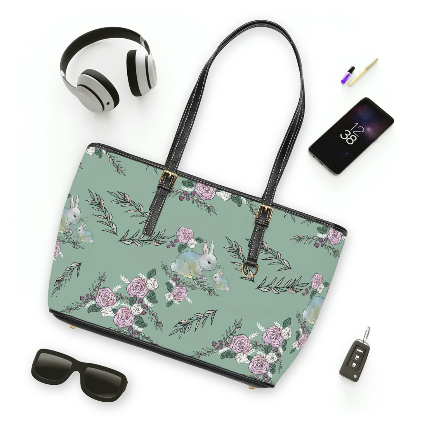 PU Leather Shoulder Bag- green with bunnies