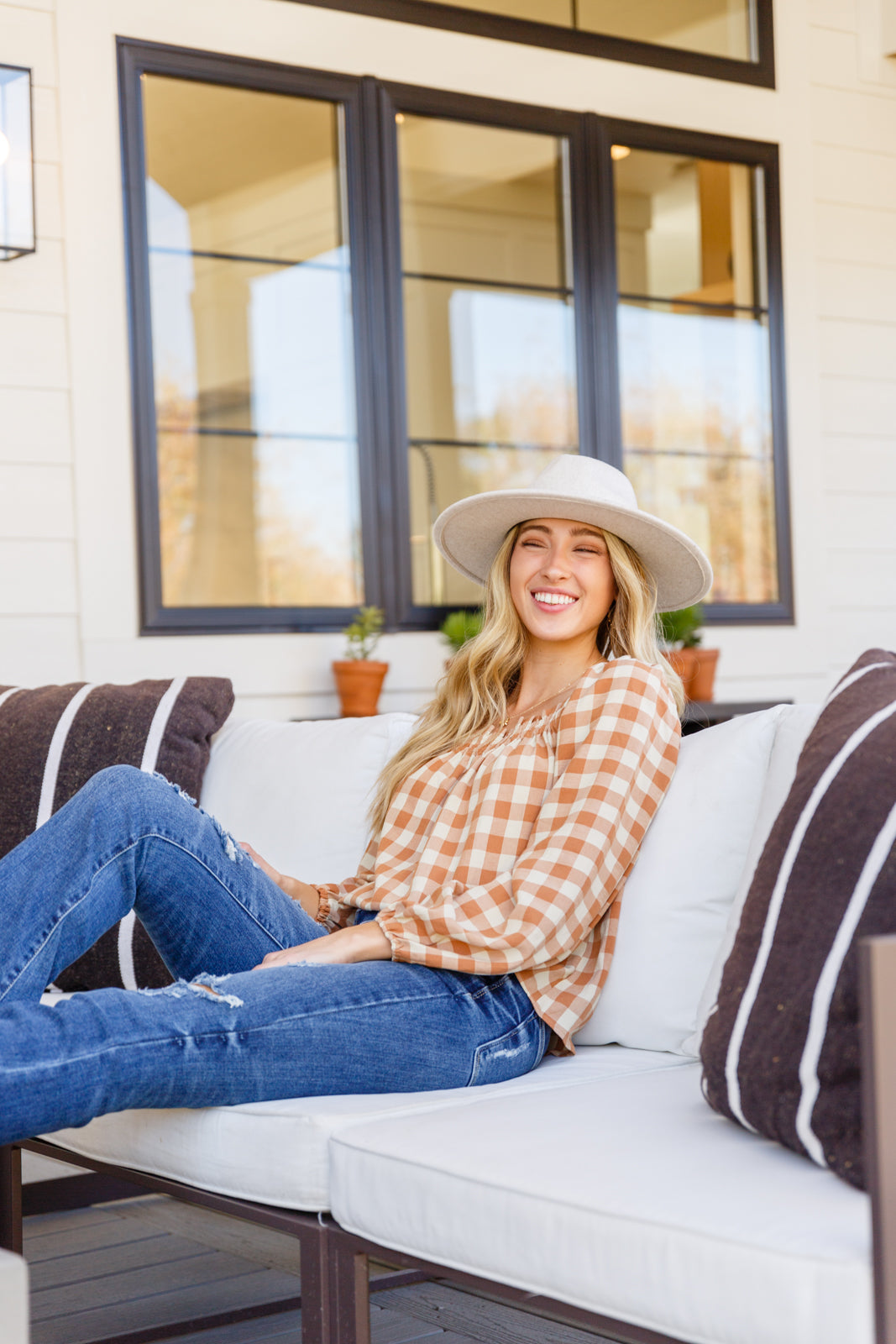 One Fine Afternoon Gingham Plaid Top In Caramel