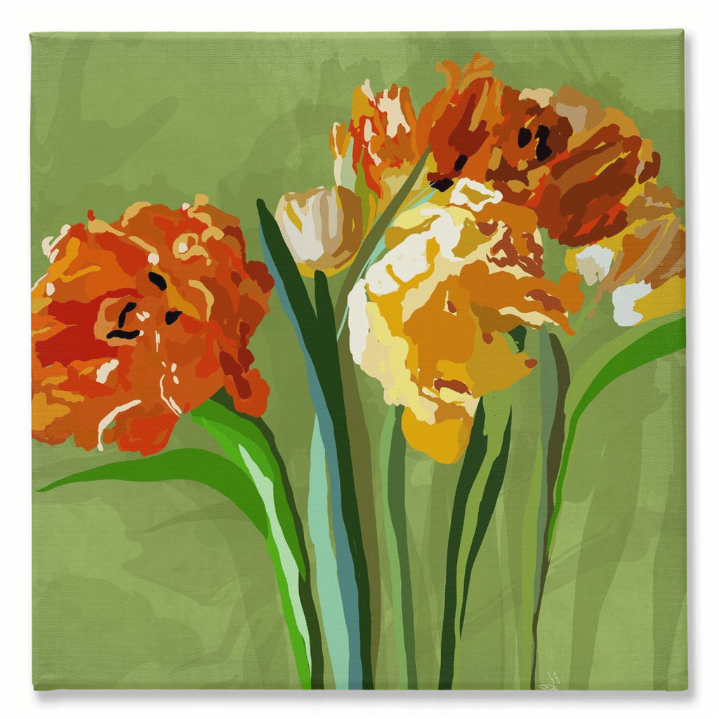 Traditional Stretched Square Canvas- Tulips on green