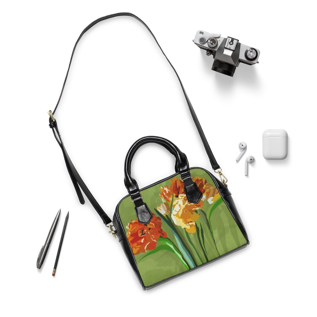 Shoulder Handbag- tulips on green