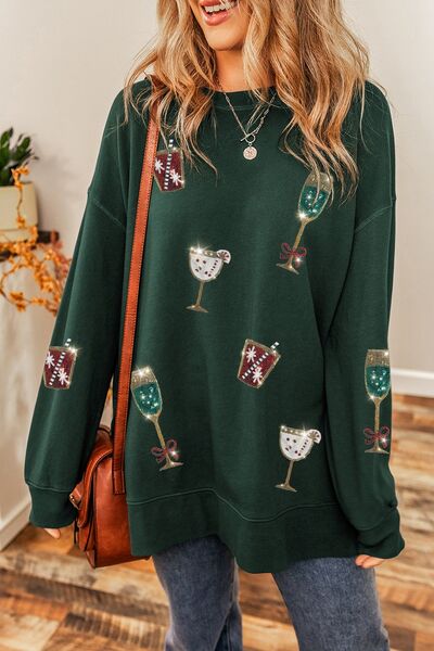 Sequin Round Neck Dropped Shoulder Sweatshirt