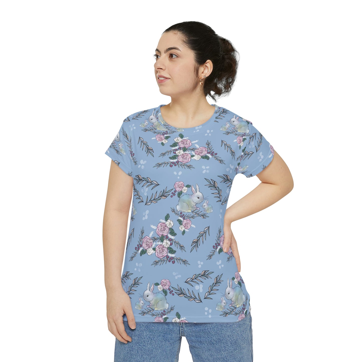 Women's Short Sleeve Shirt - bunnies on blue